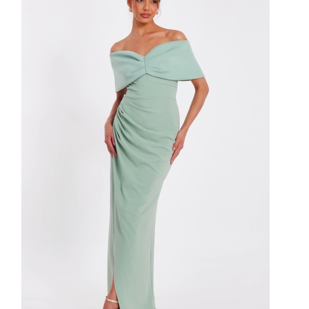 QUIZ Sage / Mint Green Bardot Wrap Maxi Dress Evening Gown
